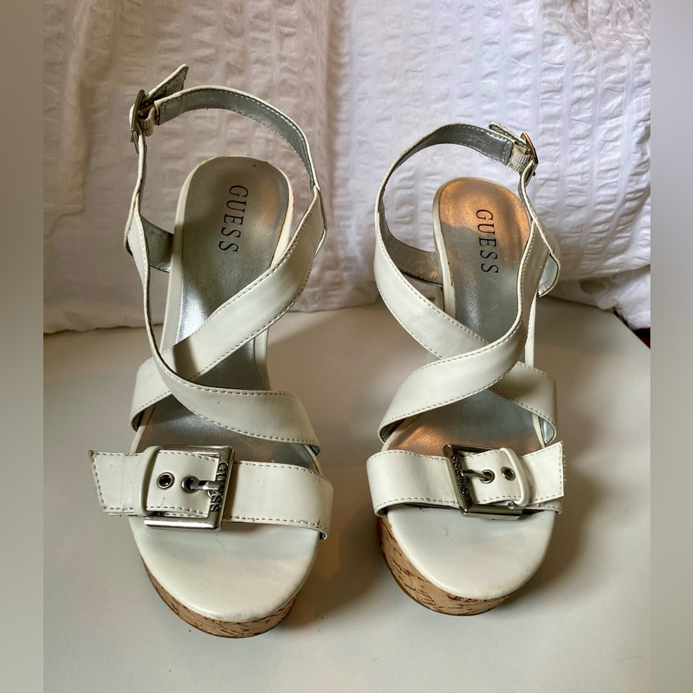 Guess White Leather Heel Sandals